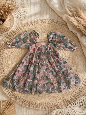 Boutique Pastel Floral Embroidered Tulle Dress | Puff Sleeves | Cottagecore
